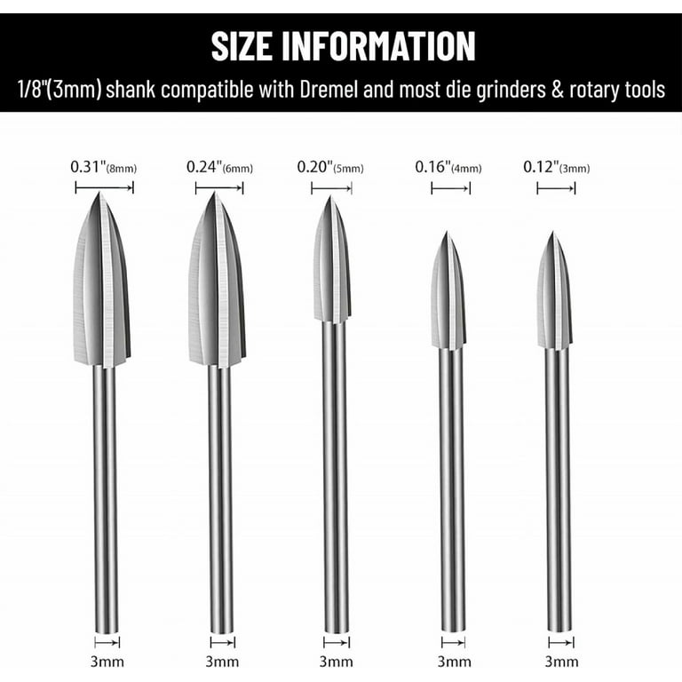  Wood Carving Tools, 5 PCS HSS Engraving Drill Bit Set Wood  Crafts Grinding Woodworking Tool 1/8” Shank Universal Fitment for Rotary  Tools : Tools & Home Improvement