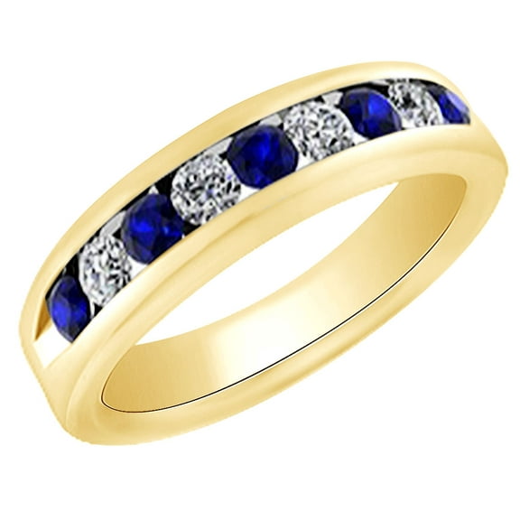 AFFY (0.72 cttw) Simulated Blue Sapphire & White Natural Diamond Men's Wedding Band Ring In 14k Yellow Gold With Ring Size -4
