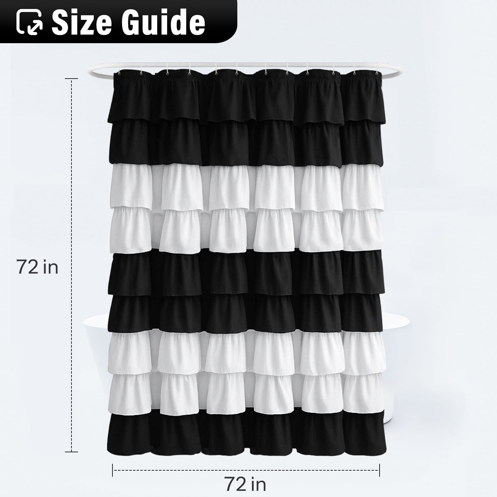 Seasonwood Black and White Ruffle Shower Curtain,Farmhouse Fabric Bathroom Curtain,72" x 72"