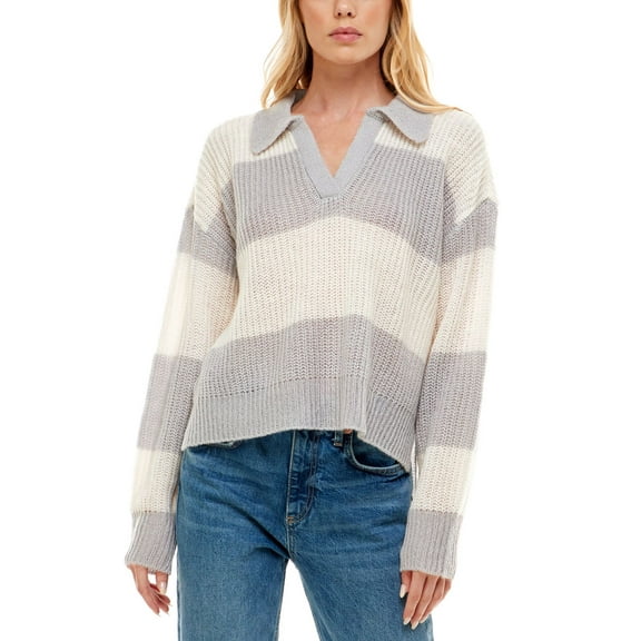 NO COMMENT Juniors Striped V-Neck Dropped-Shoulder Sweater