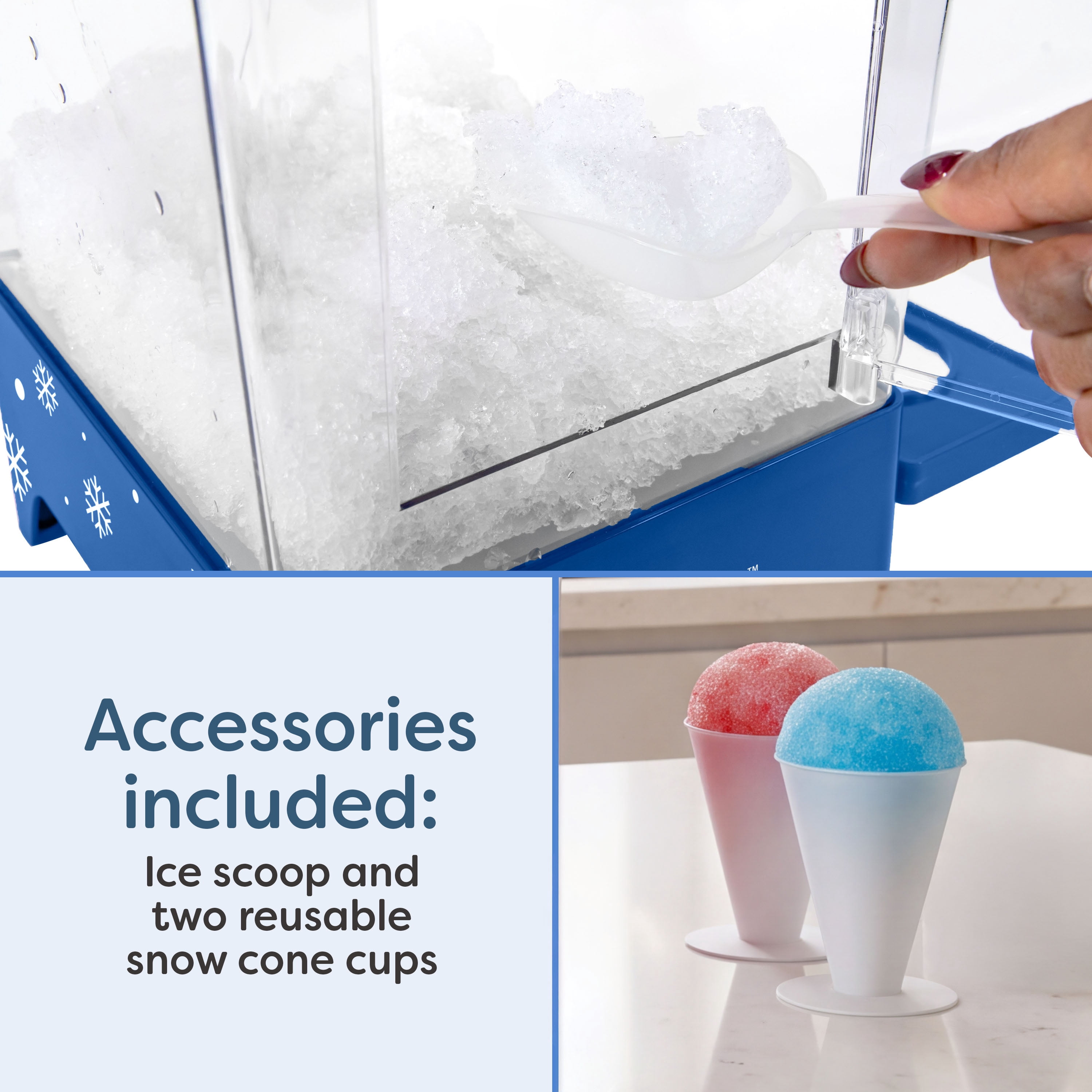 Nostalgia Snow Cone Maker, Tabletop Shaved Ice Machine with 2 Reusable Cones and Ice Scoop, Ice Blue
