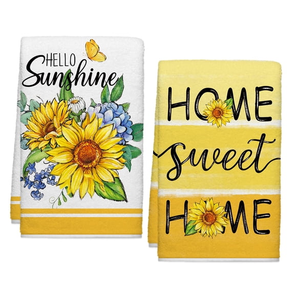 Spring Summer Hydrangeas Lemons Kitchen Towels, Hello Sunshine Dish Towels Set of 2, Spring Floral Holiday 18 x 26 Inch Hand Towel Quick Drying Dishcloth Decor for Kitchen Bathroom Home