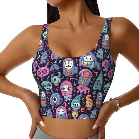Adobk Funny colorful skull ghost Print Sports Bras for Women Longline Workout Crop Tank Tops Padded with Built in Shelf Padded Sports Bra-X-Large