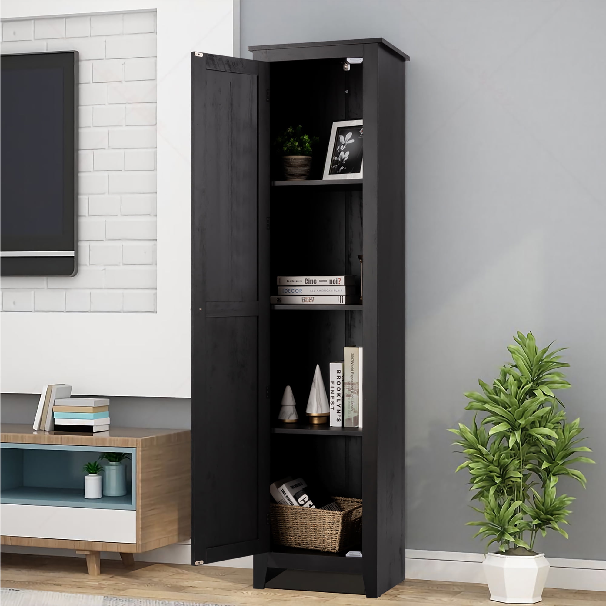 Costway Linen Tower Bathroom Storage Cabinet Tall Slim Side
