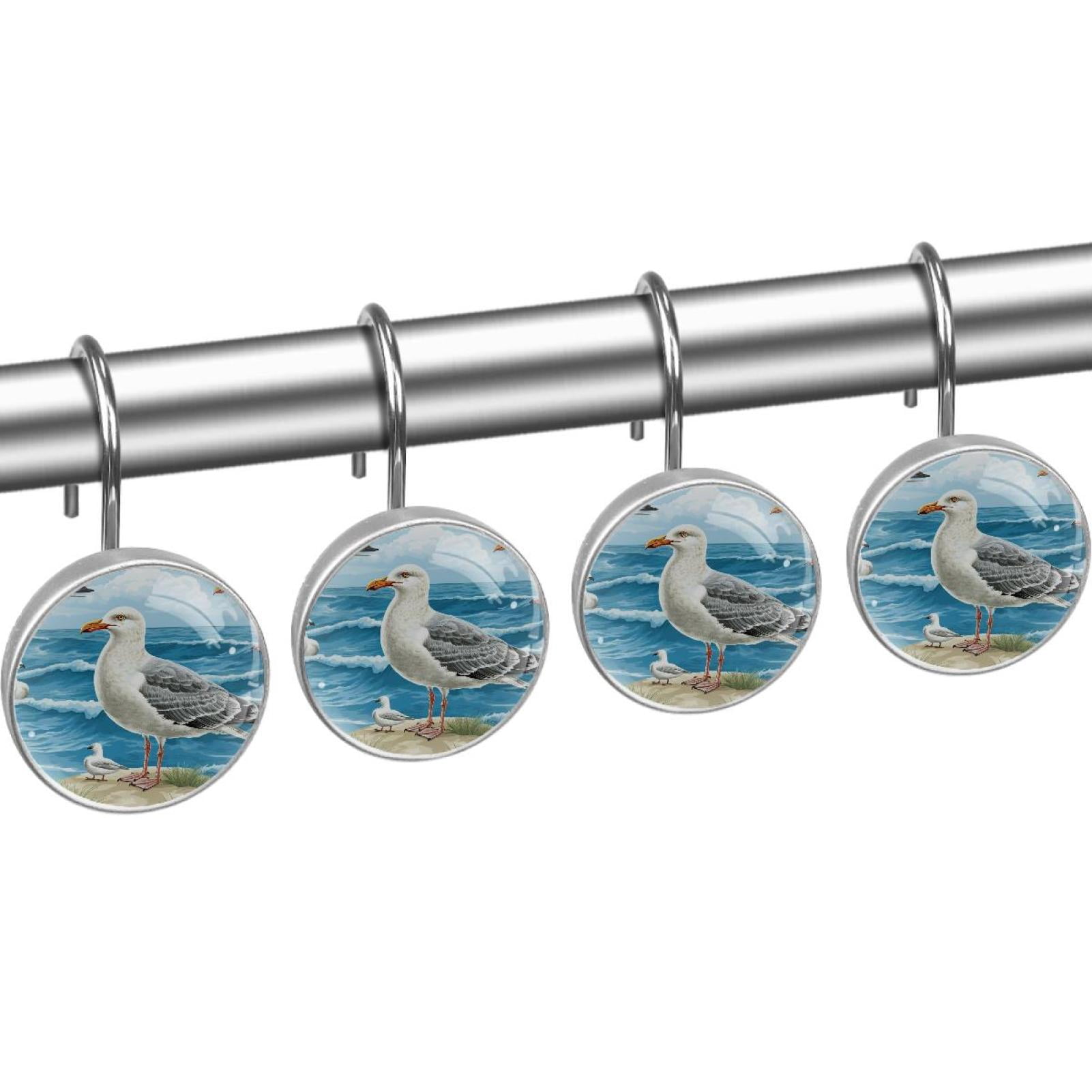 Seagull Standing on Sea Wave Stone Shower Curtain Hooks Round Crystal Glass, Set of 12 Shower Curtain Rings - Shower Hooks for Curtain Shower Rings