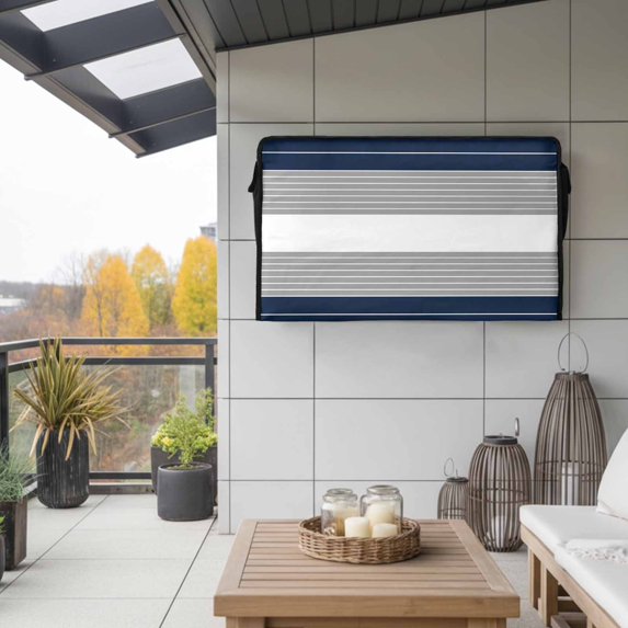 Outdoor TV Cover Grey Stripes Navy Blue Weatherproof Waterproof Outside TV Protector with Zipper,Modern Minimalist Smart Television Screen Cover for 52 to 55Inch Screens