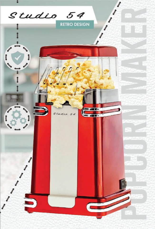 Studio 54 Retro Electric Popcorn Maker – Hot Air Popper, Oil-Free Mini Popcorn Machine with 8-Cup Capacity, 900W Air Popcorn Maker, Compact Countertop Design with Butter Melting Lid, Red