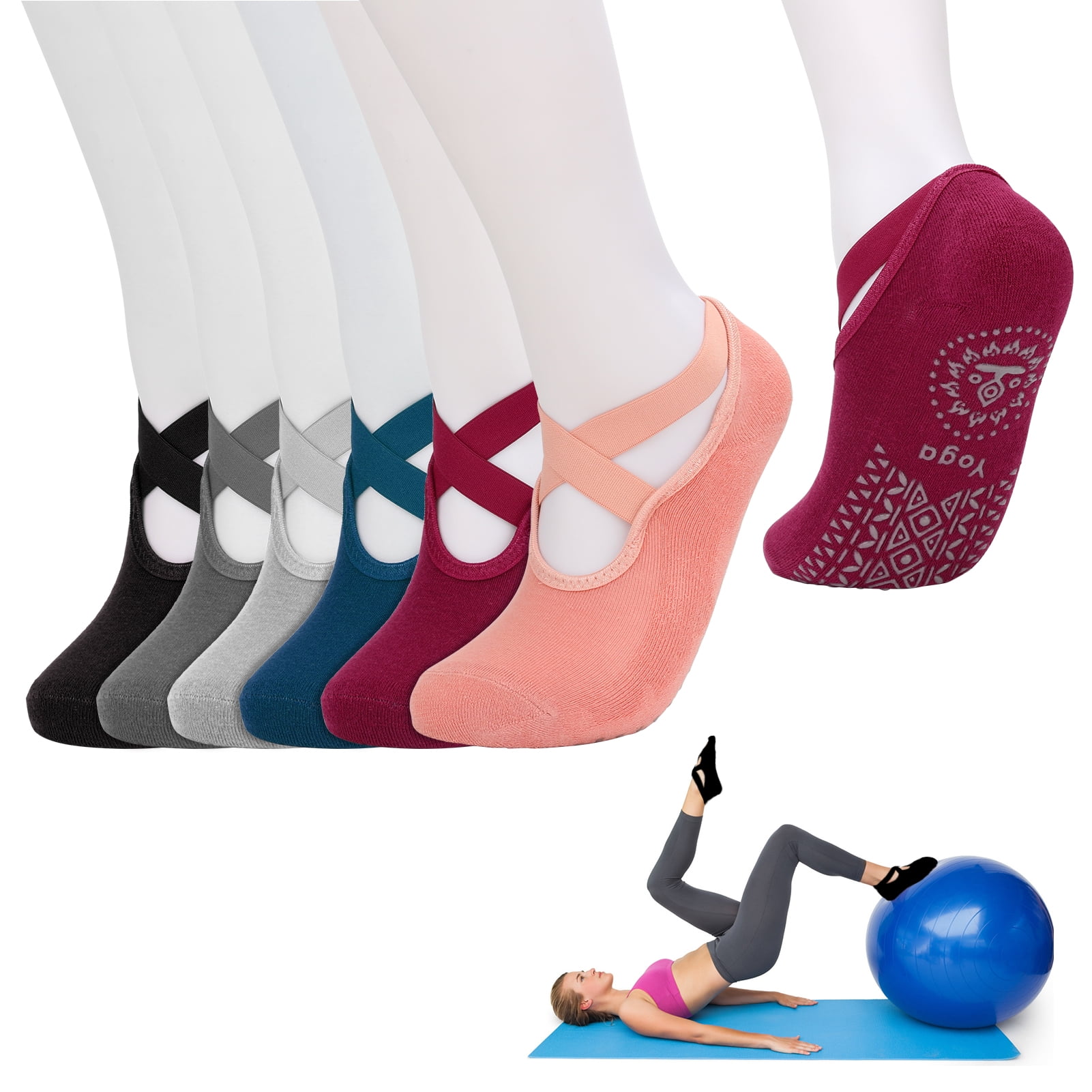 Allnice 6Pcs Yoga Socks for Women Non-slip Barre Socks Pilates Socks with Straps