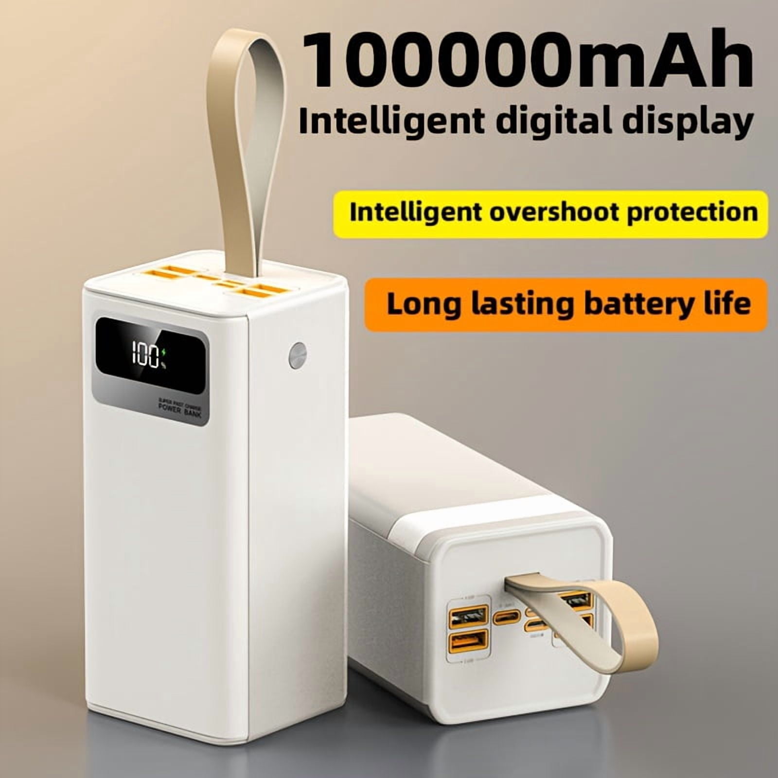 A 100000Mah Power Bank with 22.5W Super Fast Charging, Large Capacity, Intelligent Digital Display Screen, Leather Hanging Rope,Outdoor Camping LED Light,Travel Backup Power Supply,Suitable for Phone