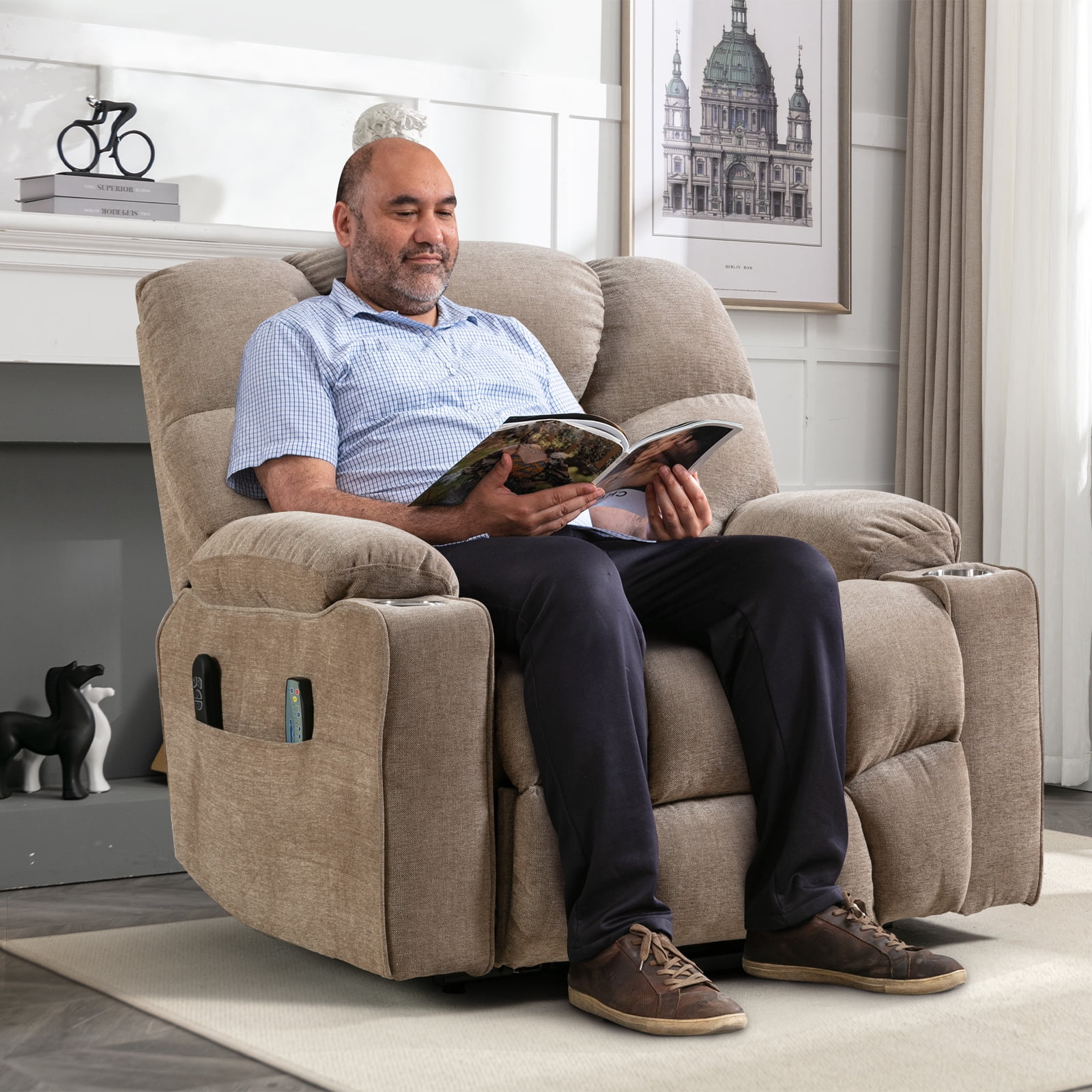 Bonzy Home Oversized Power Lift Recliner,Elderly Lift Chair with Heat Therapy and Massage Function,Remote Control,Side Pocket,Living Room Camel
