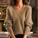thumbnail image 2 of Suéteres de Cuello en V para Mujer, Blusa Holgada Informal de Punto de Larga, para Otoño. Camello M, 2 of 3