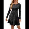 thumbnail image 2 of Vestido Corto Informal de Otoño de Larga para Mujer, de Punto Acanalado, Cuello Redondo, Fluido, Corte A, con Bolsillos Gris L, 2 of 8