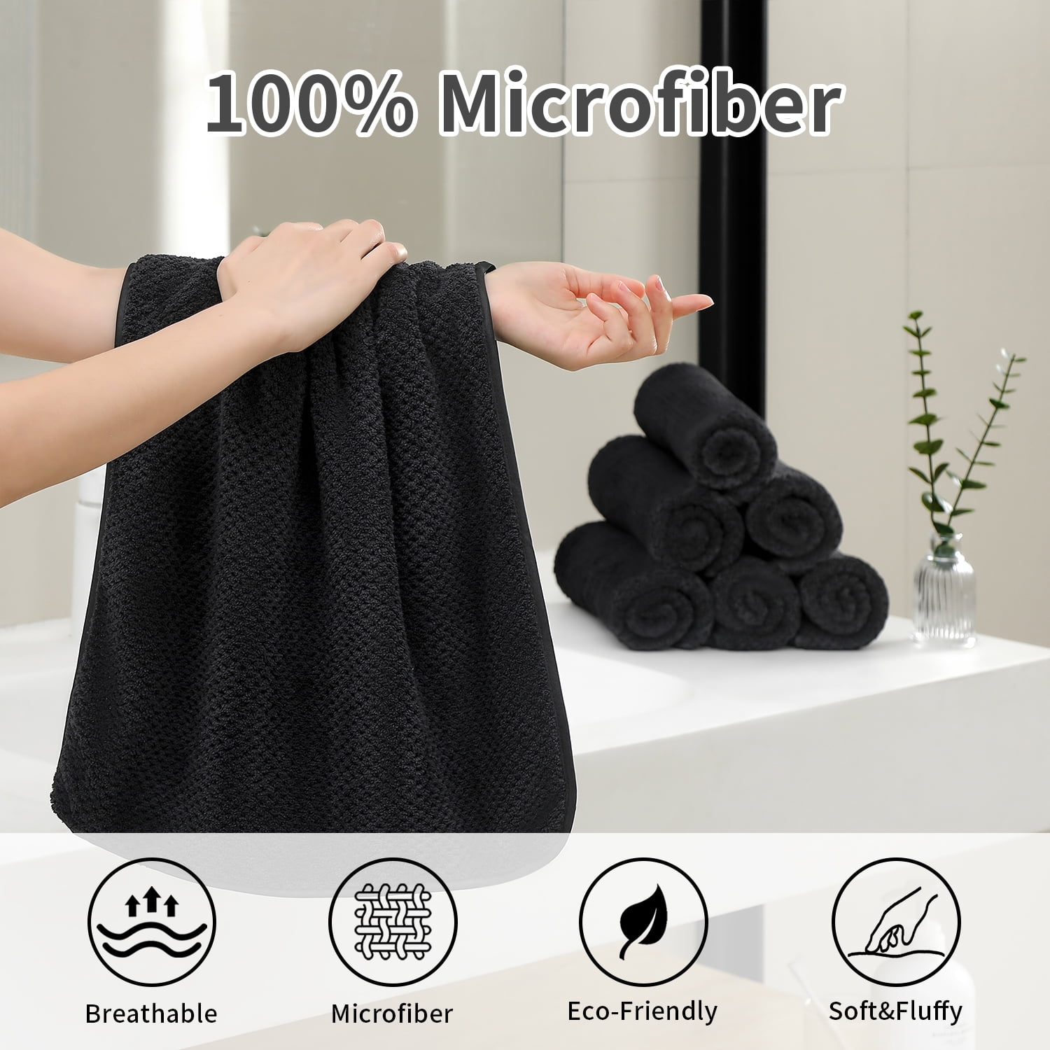 Smuge 12 Pack Hand Towels Set, 16 x 31 in Ultra Soft Microfiber Quick Dry Hand Shower Towels for Bathroom-Black