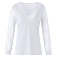 thumbnail image 4 of Womens Lace Splcing Tops Deep V Neck Hollow Out Long Sleeve Tunic Shirts Solid Color Casual Loose Plus Size Blouses(X-Large,White), 4 of 5