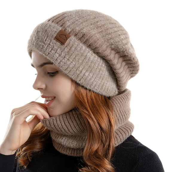 Opvise Women Fashion Autumn Winter Hat Scarf Set Windproof Cold Prevention Soft Thick Fleece Lined Scarf Beanie Hat Beige