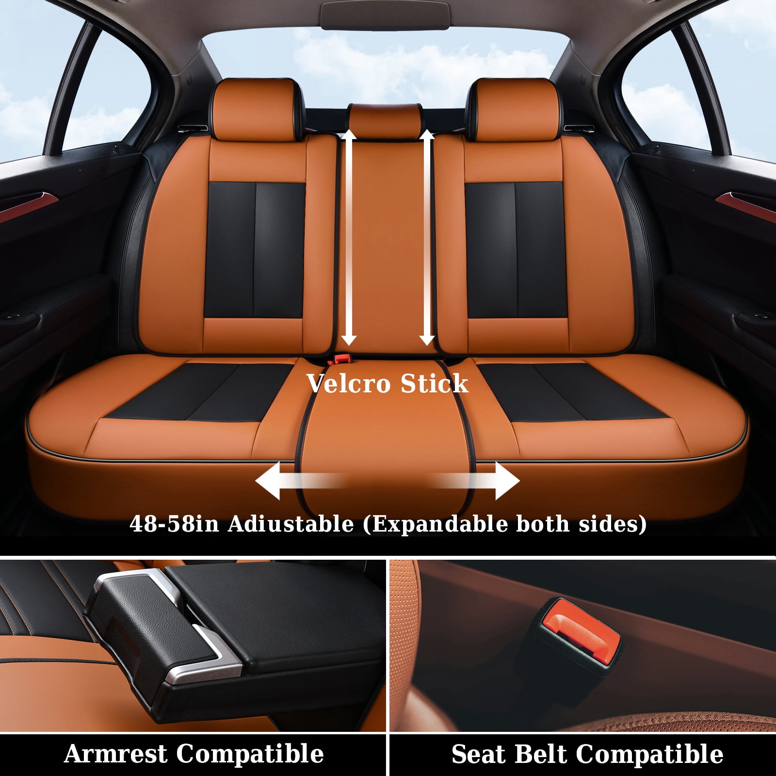 Coverado Car Seat Covers Full Set, Luxury Leather Front and Back Seat Protectors, Automotive Interior Cushions Universal Fit Most Cars, Black&Brown