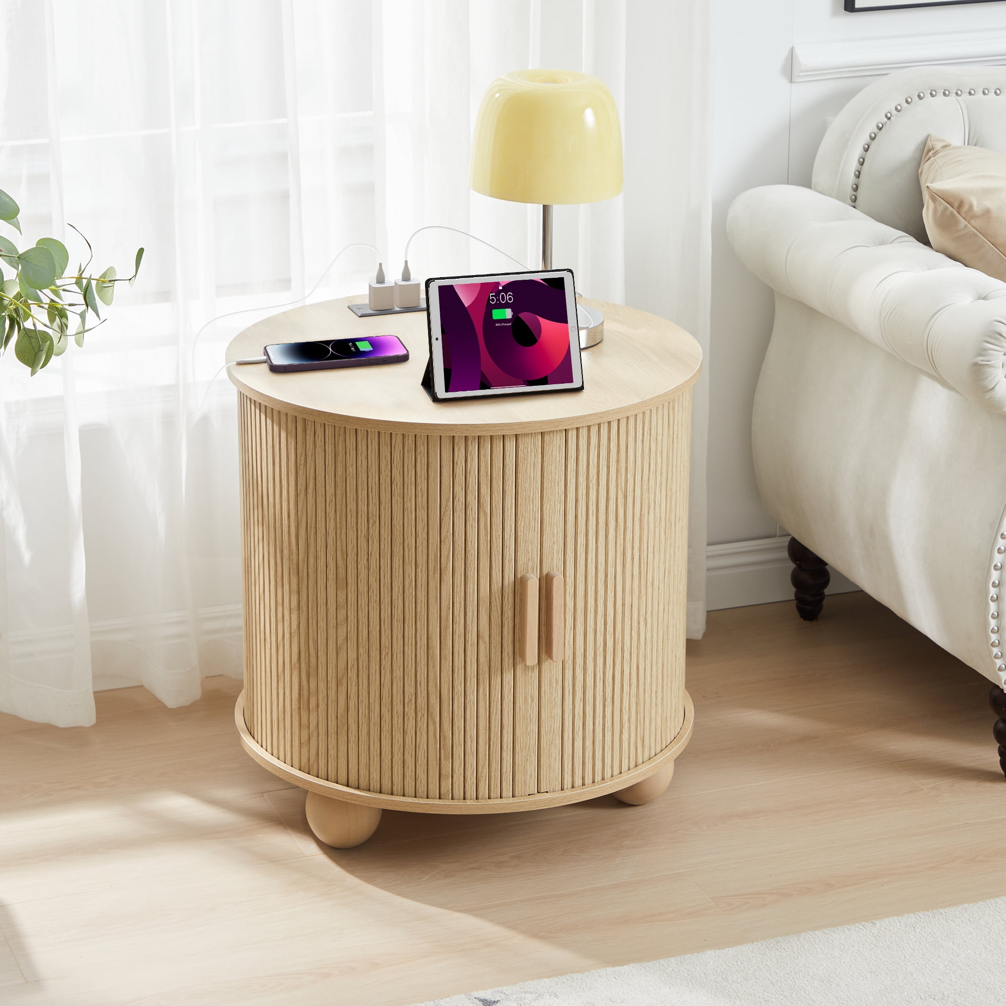 Wirrytor Side Table with Charging Station, The Table Behind the Sofa with Storage Space and Sliding Door, Bedside Table Accent Cabinet for Living Room, Bedroom, Entryway (Oak)