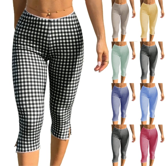 Womens Gingham Check Capri Leggings Low Rise Slim Fit Yoga Capris Scalloped Waist Casual Cropped Pants with Side Slit Hem Black XXL