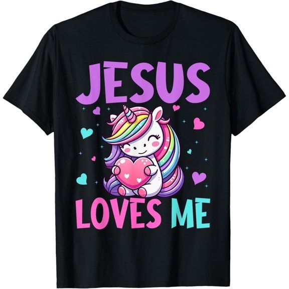 s Jesus Loves Me Christian Bible Girls Rainbow Unicorn T-Shirt