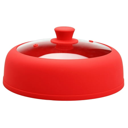 Special Treat Plate Bezrat Microwave Plate Cover 10.5 Inch Dia 3.25 Inch Height For Food Glass Vented Red Plate Cover With Special Safe and Easy Grip Silicone Handle ()