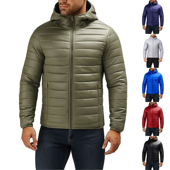 Xdegoge Quilted Jacket for Men Lightweight Plus Size Full Zip Jackets Casual Sport Loose Coat Fall Winter Warm Outdoor Hooded Outerwear with Pockets