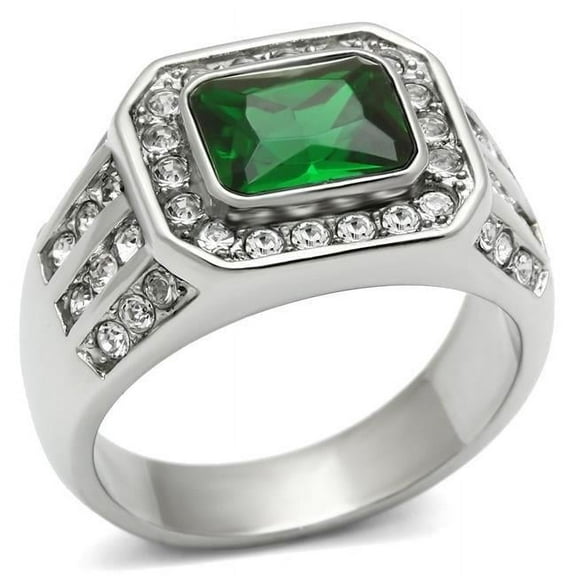 Alamode TK495-13 Men High Polished Stainless Steel Ring with Synthetic in Emerald - Size 13