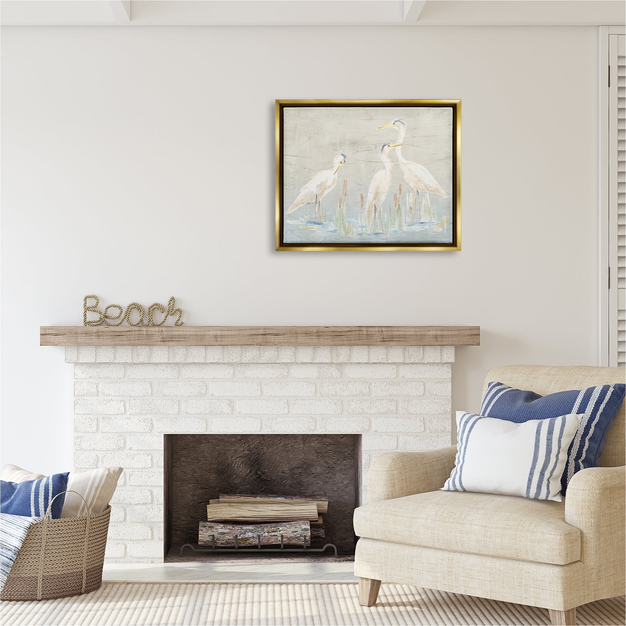 Stupell Industries Rustic Herons Scene Animals & Insects Painting Gold Floater Framed Canvas Art Print Wall Art, 31 x 25