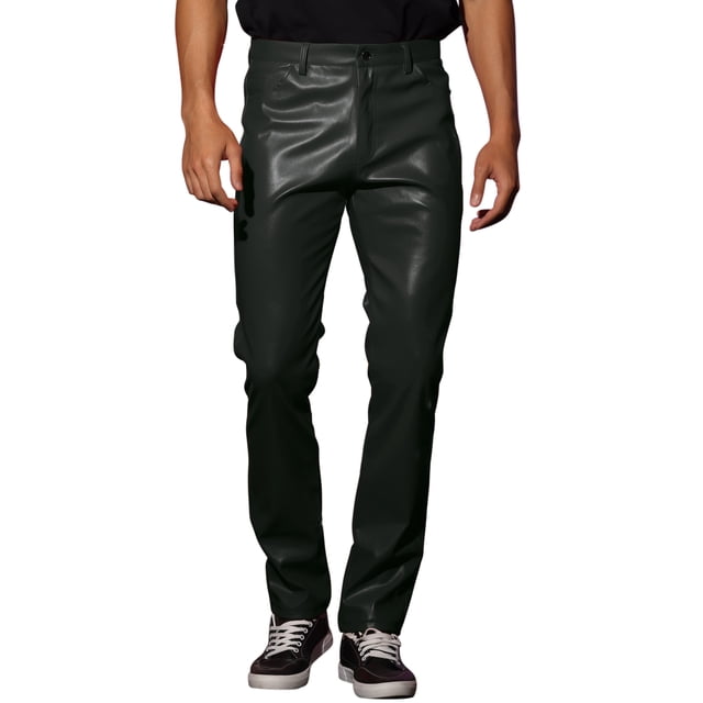 INSPIRE CHIC Men's Pants PU Leather Button Casual Style Pants 34 Black