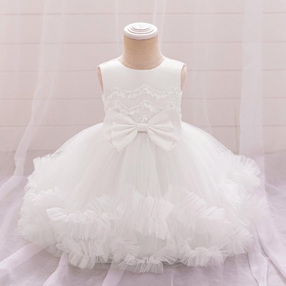 Cute Tutu-Dresses for Girls 6M-3Y Sleeveless A-Line Toddlers Kids Elegant Bowknot High Waisted Crewneck Layer-Tulle Birthday Party Prom Dress