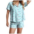 thumbnail image 5 of UngA Halloween Pj Halloween Satin Pajamas Set for Women Cute 2 Piece Graphic Pj Set Button Down Short Sleeve Shirt Shorts Lounge Set Sky Blue,M, 5 of 7