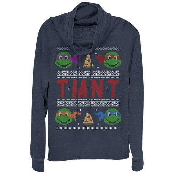 Junior's Teenage Mutant Ninja Turtles Ugly Xmas  Cowl Neck Sweatshirt Navy Blue Large