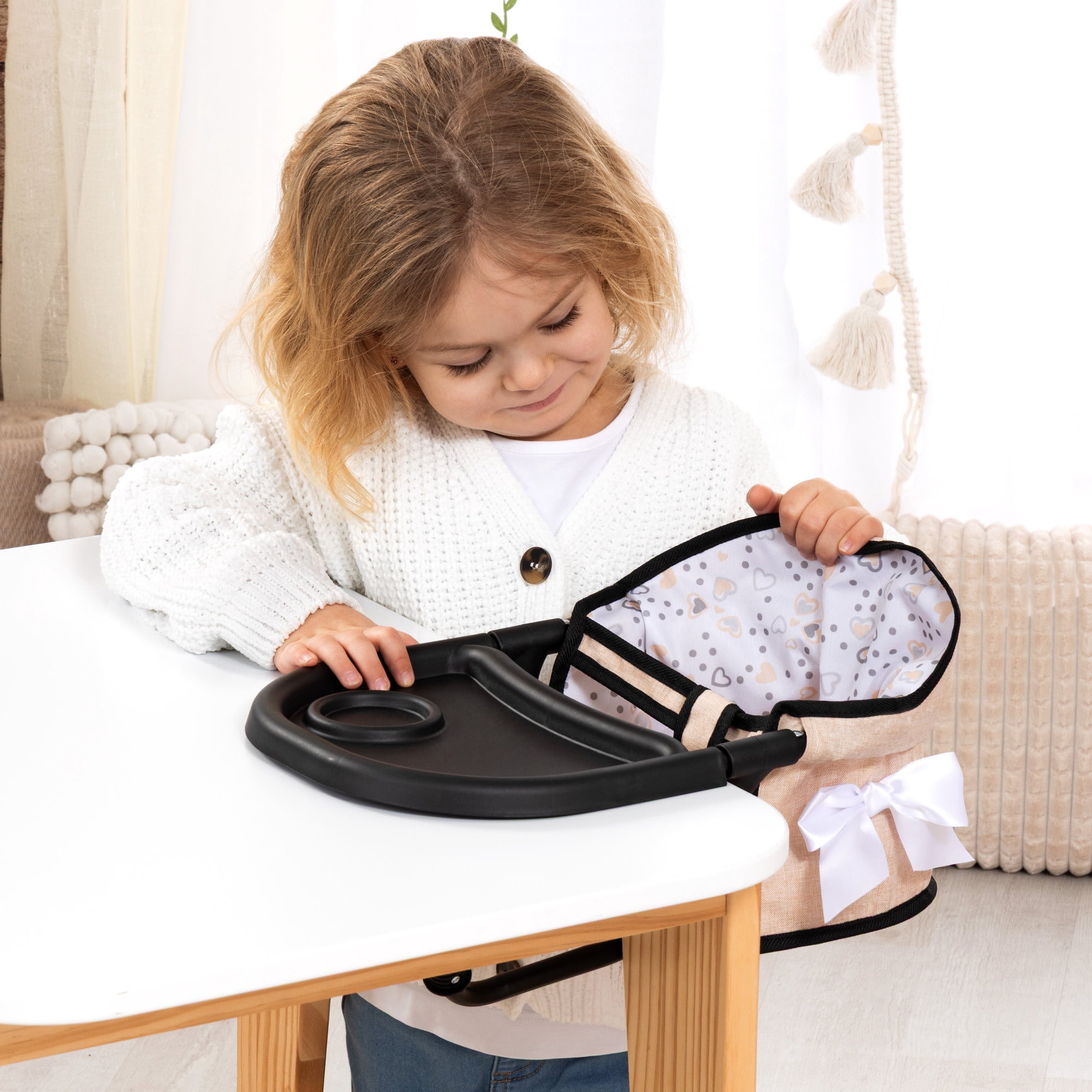 Bayer Design: Doll Table Seat - Beige-Black-Hearts - Attach To Table, Dining Tray, Play Feeding Center, Foldable, Toy Accessory Fits 18" Dolls, Kid 3+