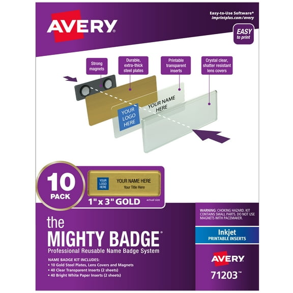 Avery Magnetic Name Badge Kit, 1" x 3", Gold, 10 Badges (71203)