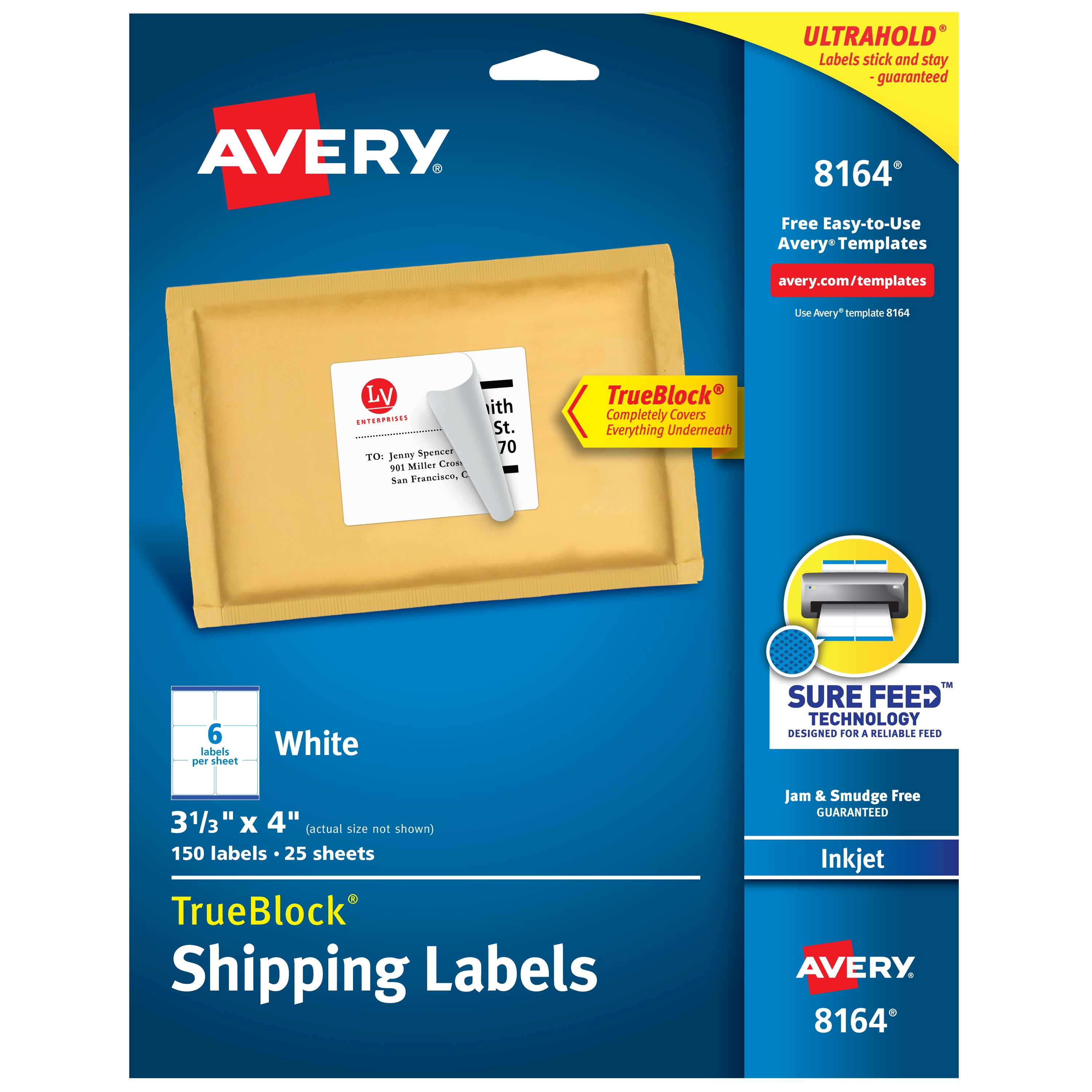 Avery TrueBlock Shipping Labels, Sure Feed Technology, Permanent Adhesive, 3-1/3' x 4', 150 Labels (8164)