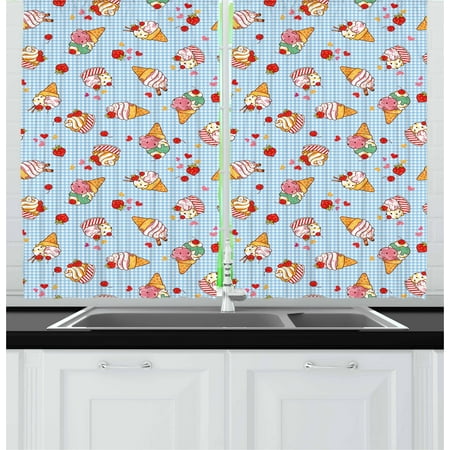 Tartan Heart - Ice Cream Curtains 2 Panels Set, Sweet Cherries on a Checkered Tartan Motif with Hearts Love Valentines Print, Window Drapes for Living Room Bedroom, 55W X 39L Inches, Multicolor, by Ambesonne