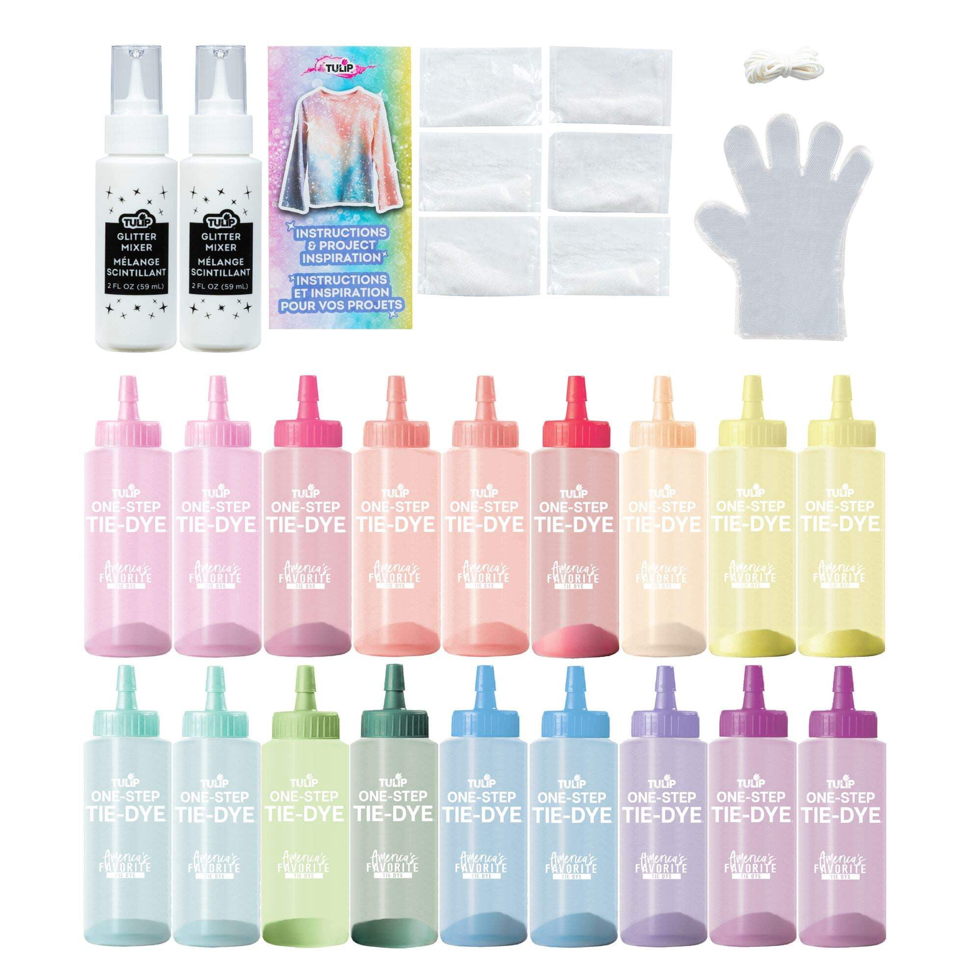 Tulip Glitter Tie-Dye Tub, Design Your Looks, Make Your Favorite Colors Sparkle, Includes 18 Easy-Squeeze Dye Bottles and Glitter Pigments/Mixers, All-in-One Party Activity Kit, 76 pieces