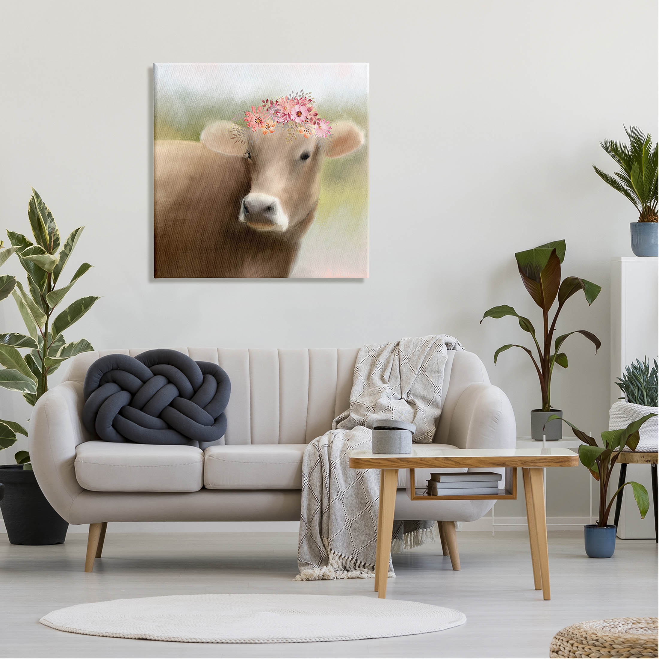 Farm Cow Pink Blooms Arrangement Animals & Insects Graphic Art Gallery Wrapped Canvas Print Wall Art