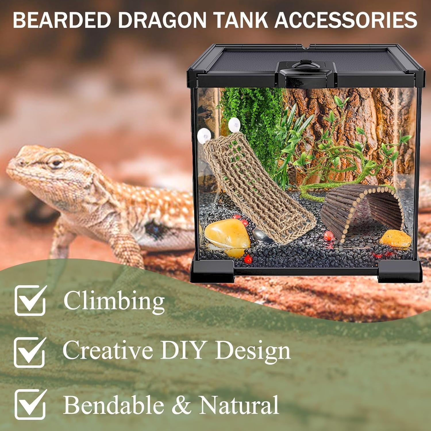10Pcs Bearded Dragon Tank Accessories, Reptile Hammock Plants Bridge Jungle Clim