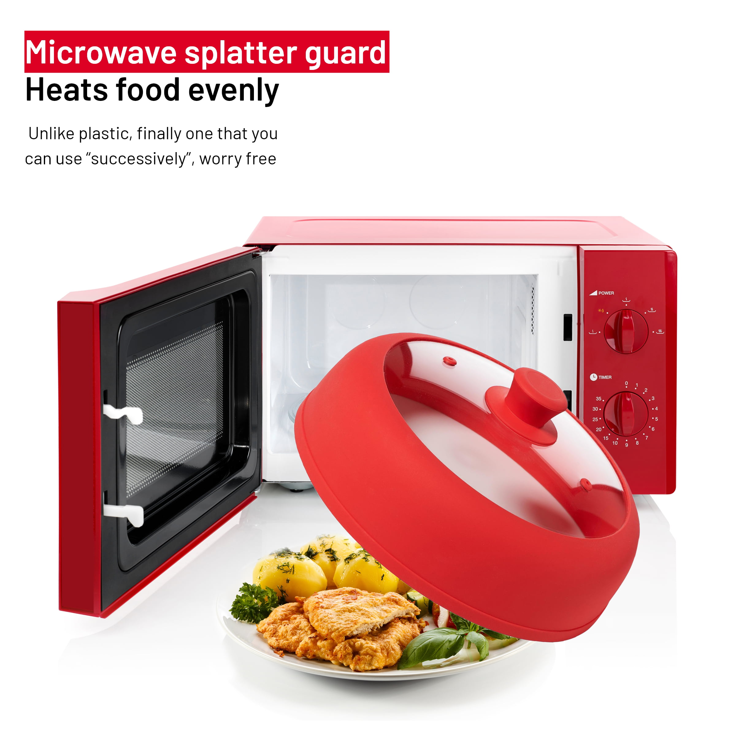 Tall Microwave Tempered Borosilicate Glass Plate Cover with Red Easy-Grip  Silicone Handle - Steam Food Without Venting - Microwave/Oven/Stove Safe 