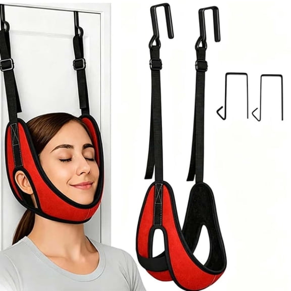 Upgraded Over-Door Neck Traction Device, 43.31 inch Faux Leather Sponge Neck Traction Harness, Adjustable Spine Alignment Tool