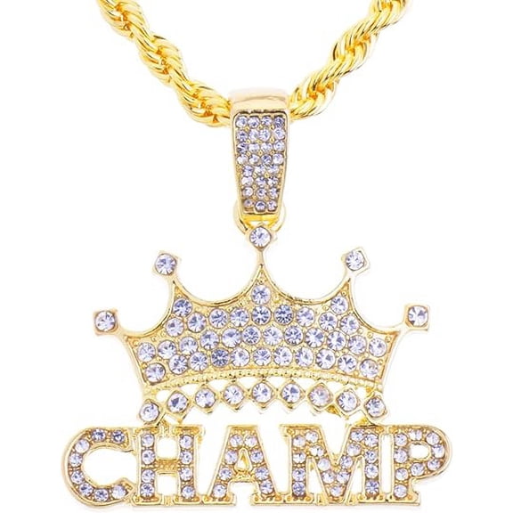 Hip Hop Fashion Iced Rapper King Crown CHAMP Bling Pendant 20" 14k Gold Plated Rope Chain HC 1292 G (20" Rope Chain)