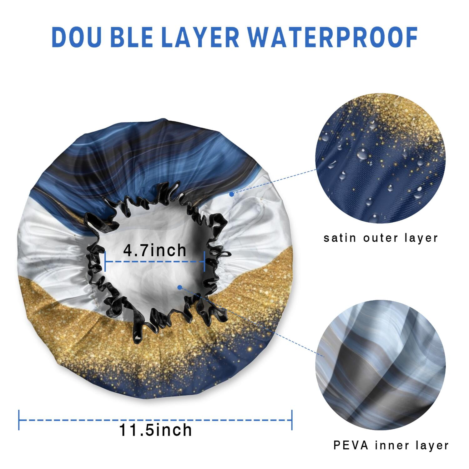 Shower Caps,Blue and Gold Marble Glitter Waves Pattern Waterproof Shower Cap for Women 4 Pieces,Double Reusable Hair Cover for Shower PEVA Elastic Stretch Hem