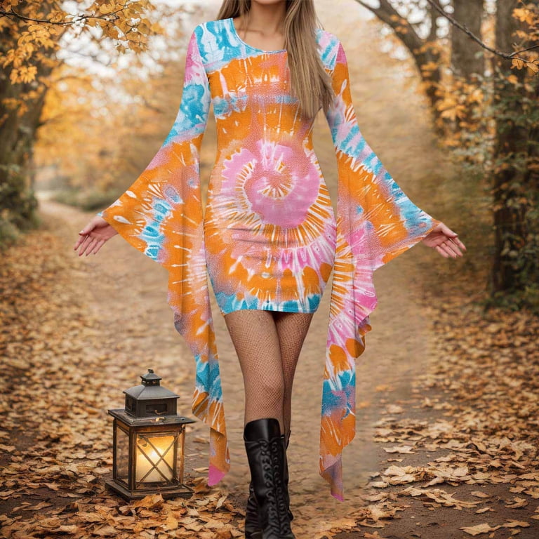 Edvintorg Halloween Dresses for Women Cute Printed Crewneck Irregular Long Sleeve Mini Bodycon Dress Trendy Clothes