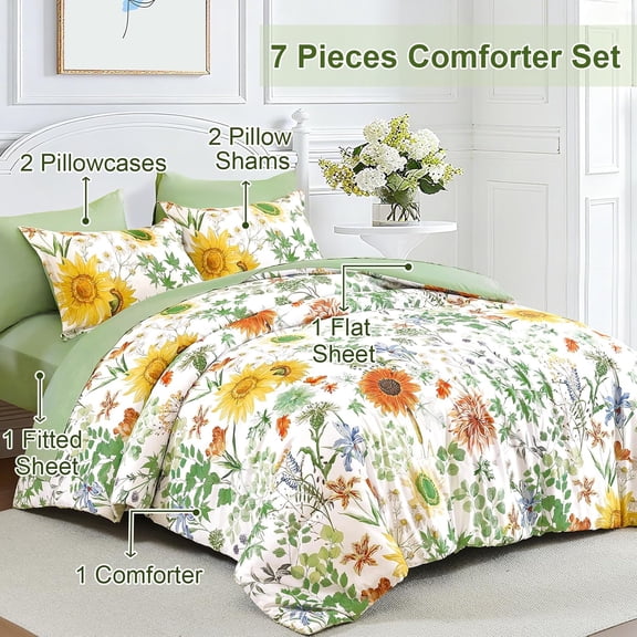 Green Bed in a Bag Comforter Set Queen 7 Pieces Floral Bedding Set for Bed,Soft Microfiber Sunflower Botanical Comforter with 1 Flat Sheet 1 Fitted Sheet 2 Pillowshams