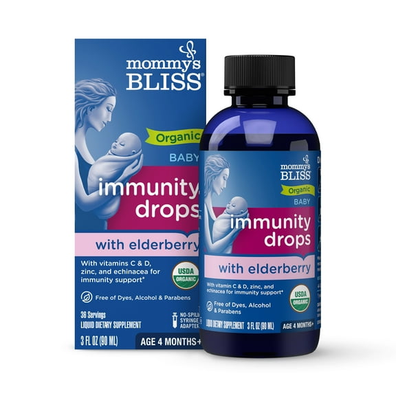 Mommy's Bliss Organic Baby Elderberry Drops, Immune Support with Vitamins, Prebiotics, Zinc & Organic Echinacea, Age 4 Months   3 fl oz (36 Servings)