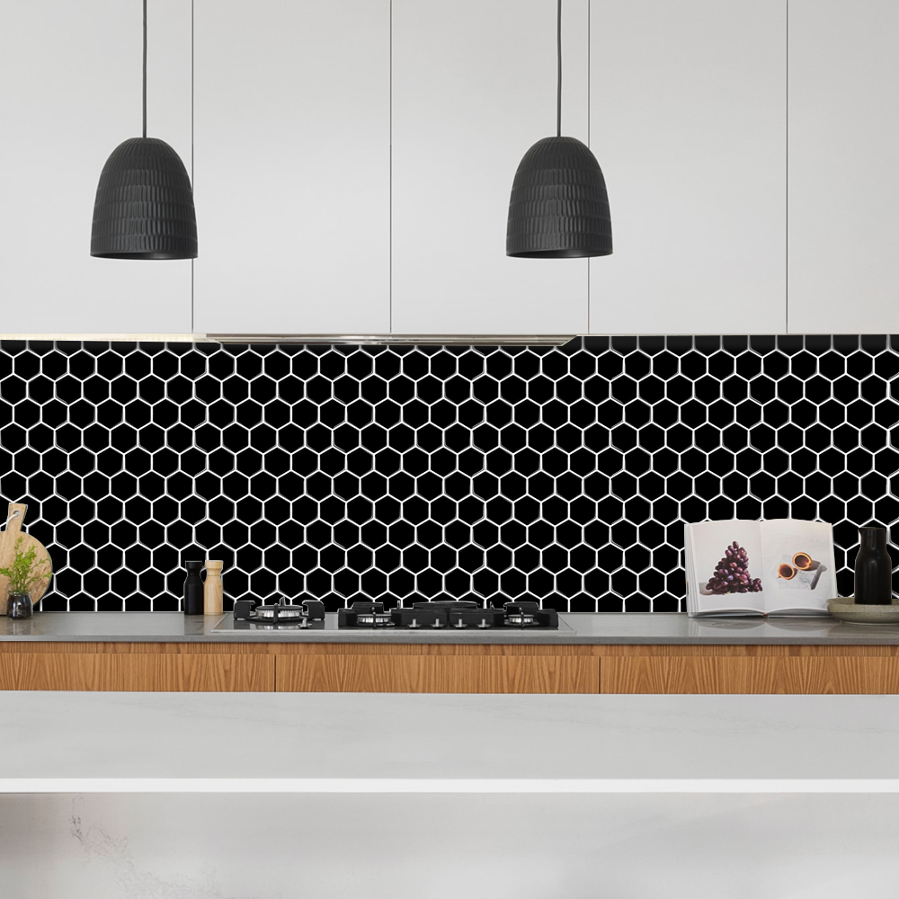 Clever Mosaics 3D Hexagon Black Peel and Stick Vinyl Tile for Kitchen and Bathroom Backsplash (10 Sheets)