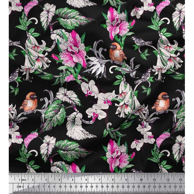 Soimoi Pink Polyester Crepe Fabric Bird,Leaves & Orchids Flower Decor Fabric Printed BTY 42 Inch Wide