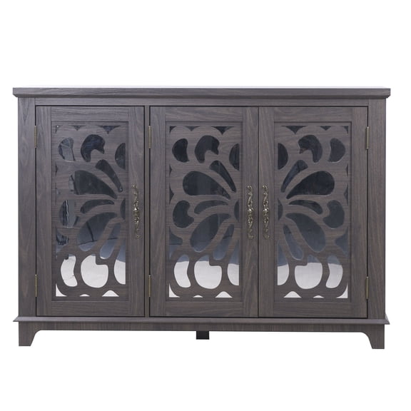 CQSXDA 49.33" x 15.55" Sideboard Buffet Cabinet 3 Mirrored Doors And Adjustable Shelves For Dining And Bedroom Storage, Dark Brown