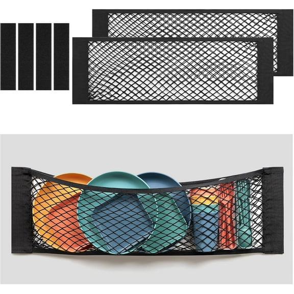 2PCS 25x80cm / 9.8x31.5in Mesh Storage Pocket Bag with Tape Sticker, Hook & Loop Elastic Cargo Net RV Netting Pocket, High Capacity Car Trunk Net Wall Sticker Pouch Bag For Car RV Home Storage