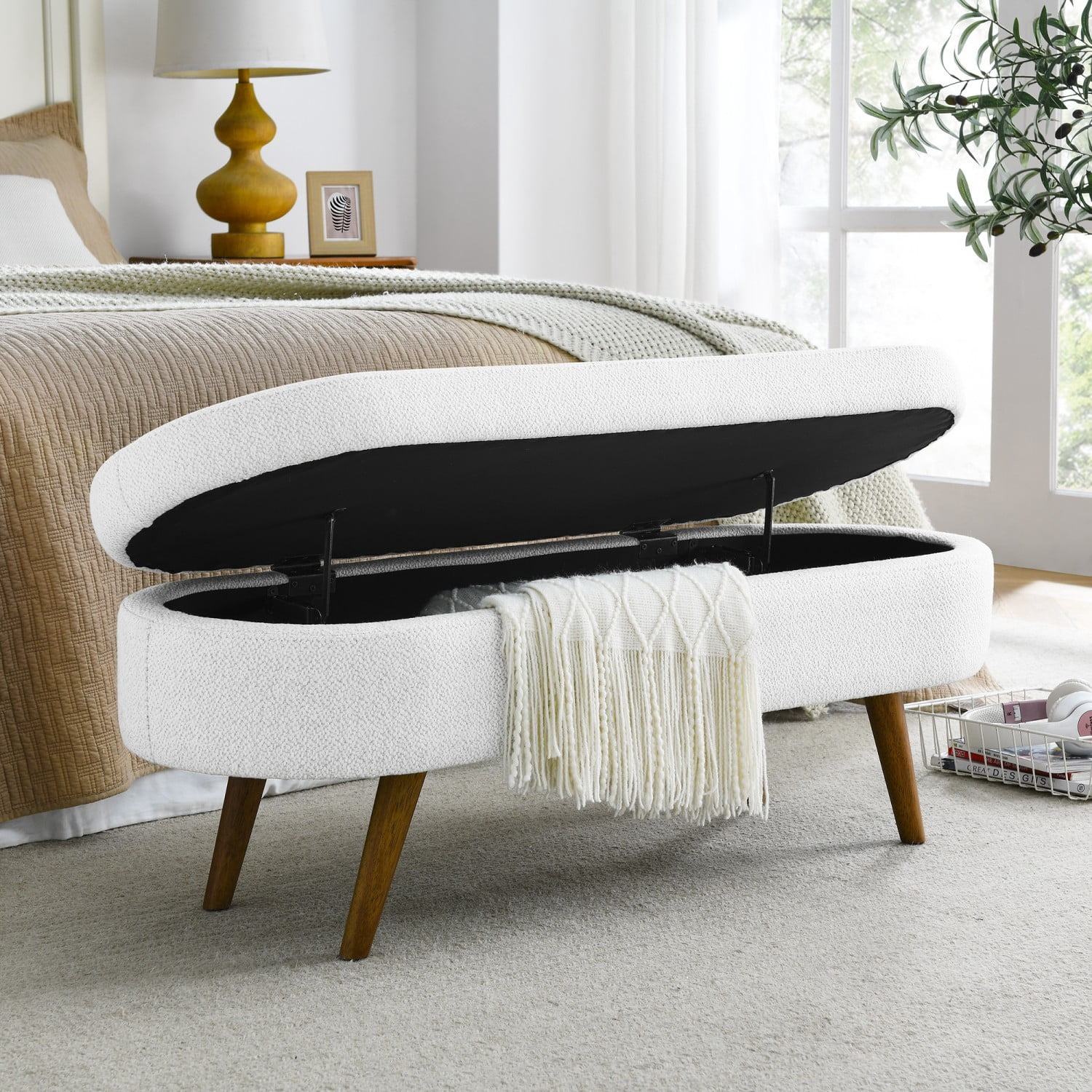 44" Oval Storage Ottoman Bench with Hidden Storage, Upholstered Fabric Ottoman Bench with Rubber Wood Legs for Bedroom, Entryway, Living Room, White